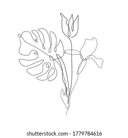 Decorative hand drawn tulip, iris, monstera, design elements. Can be used for cards, invitations, banners, posters, print design. Continuous line art style