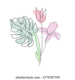 Decorative hand drawn tulip, iris, monstera, design elements. Can be used for cards, invitations, banners, posters, print design. Continuous line art style