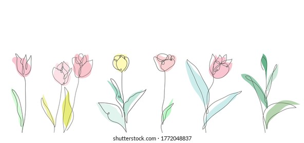 Decorative hand drawn tulips set, design elements. Can be used for cards, invitations, banners, posters, print design. Continuous line art style