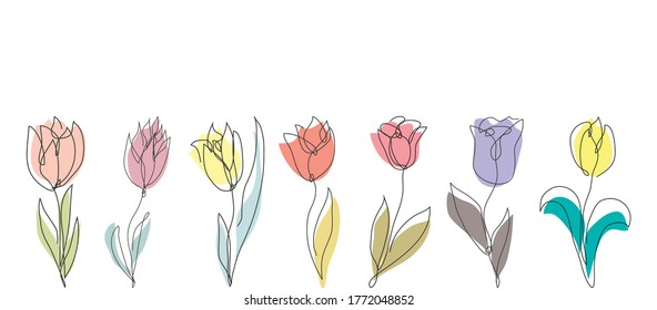 Decorative hand drawn tulips set, design elements. Can be used for cards, invitations, banners, posters, print design. Continuous line art style
