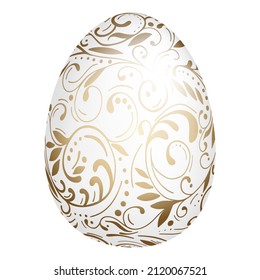 Decorative hand drawn white egg with golden leaves. Abstract ornament vector illustration for Happy Easter holiday isolated on white background