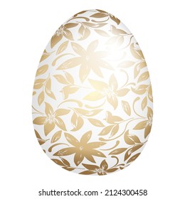 Huevo blanco pintado a mano con flores y hojas doradas. Resumen de ornamento ilustrativo vectorial para la fiesta de Pascua feliz aislado en fondo blanco