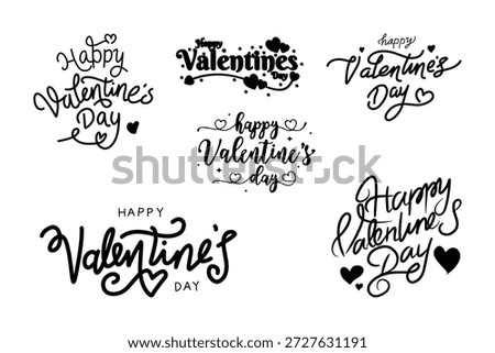 Decorative hand lettering calligraphy vector set featuring multiple “Happy Valentine’s Day” typography styles with heart and ornament elements. Perfect for greeting cards, romantic posters, wedding and anniversary designs, print-on-demand products, stickers, apparel, banners, social media graphics, and Valentine’s Day creative projects. Elegant, playful, and highly versatile love typography collection.
