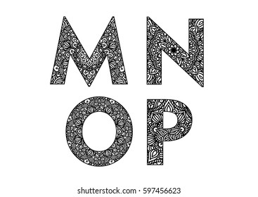 decorative hand made lettering. ornamental font. decorative lettering set M,N,O,P
