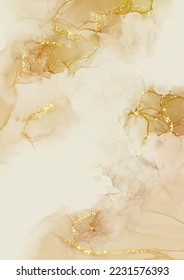 Decorative hand painted alcohol ink background in earth tones with gold glitter 