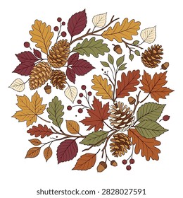 A decorative hand-drawn autumn wreath featuring colorful fall leaves pinecones acorns and berries on a white background