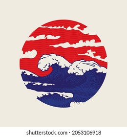 A decorative hand-drawn banner of a round shape with blue sea waves and a red sky. Vector illustration in the style of Japanese or Chinese watercolor