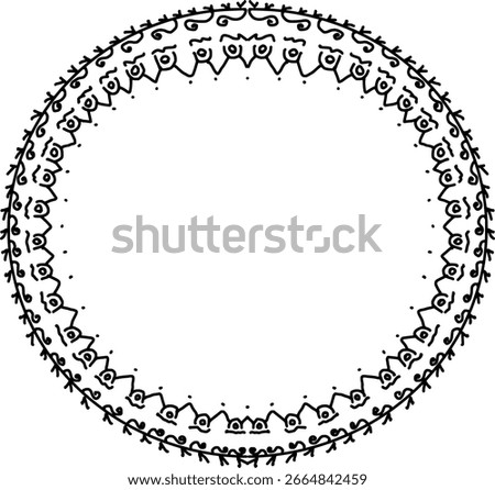 Decorative Hand-Drawn Circle Frame with Ethnic Patterns. Ethnic Doodle Style Round Border. Circular Abstract Ornament Line Art. Vintage Black and White Folk Art Border. Bohemian Symmetrical Circle