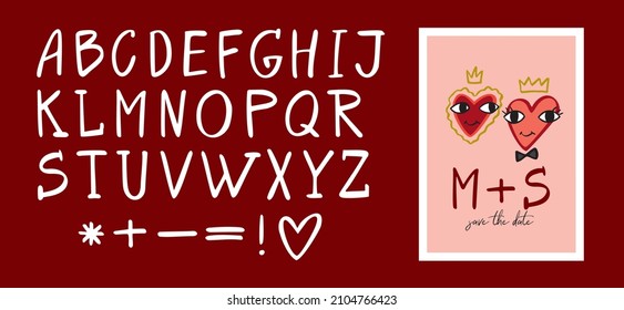 Decorative hand-drawn cute cartoon alphabet for the design of unique wedding invitations, posters. Greeting card template with hearts and initials for Valentine's Day. Vector illustration