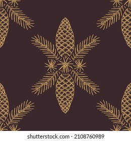 Decorative, hand-drawn gold cone seamless pattern print. Vector illustration, digital background, surface design