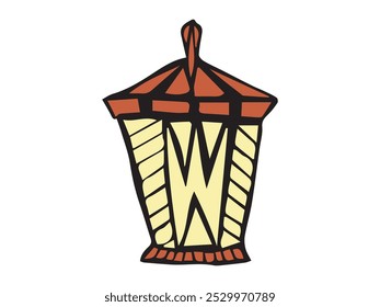 Decorative hand-drawn lantern isolated on a white background. Concept of illumination, decorative lighting, vintage lantern design, street lantern, light, design element