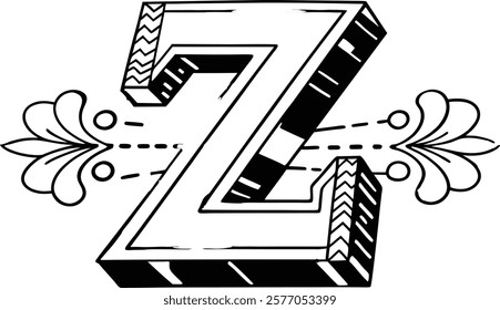 Decorative Hand-Drawn Letter Z with Ornamental Flourishes—Black and White Vector Illustration