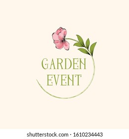 Decorative hand-drawn line art plain color peony theme. Invitations, postcards, spring events, summer celebrations, natural lifestyle. Logo for floral business. Round layout, leafy decorated badge.