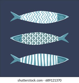 Decorative hand-drawn pattern with sea fish in Scandinavian style