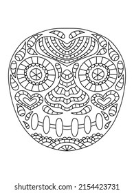 Decorative hand-drawn skull coloring page for Dia de los Muertos vector linear illustration