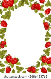 Uma moldura decorativa desenhada à mão com morangos frescos e folhas de hortelã. Este design, com seus elementos vibrantes vermelhos e verdes dispostos em uma borda vertical, é perfeito para menus