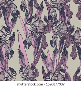 Decorative hand-drawn decorative vector image of iris flowers.
Vector seamless pattern.