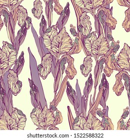 Decorative hand-drawn decorative vector image of iris flowers.
Vector seamless pattern.