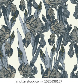 Decorative hand-drawn decorative vector image of iris flowers.
Vector seamless pattern.
