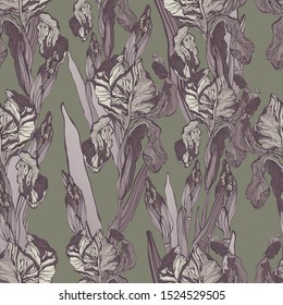 Decorative hand-drawn decorative vector image of iris flowers. Vector seamless pattern.

