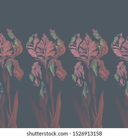 Decorative hand-drawn decorative vector image of iris flowers.
Vertical seamless print. Vertical print of flowers.