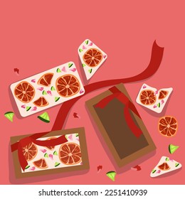 Decorative handmade white chocolate in a box. Chocolate with the addition of berries, fruits, nuts for decoration and taste in a gift box and packaging. Background for printing postcards, tags, banner