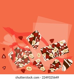 Decorative handmade white and dark chocolate in a package. Chocolate with the addition of strawberries, banana for decoration and taste. Background for printing postcards, tags, banners.