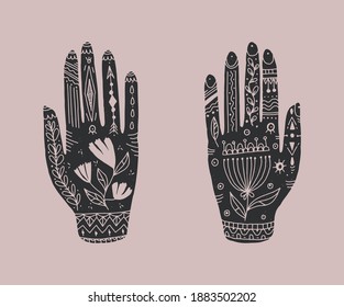 Decorative hands with flowers and plants in boho style. Vector illustration.