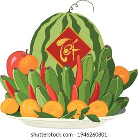 decorative handwriting on red label lucky with tet holiday fruit plate