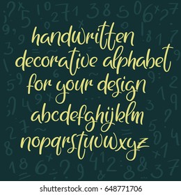 Decorative handwritten font. Modern calligraphy ABC. Hand drawn alphabet for your designs: logo, slogan, poster, banner, typeface, badge, greeting card, wedding invitation. Vector handwritten alphabet