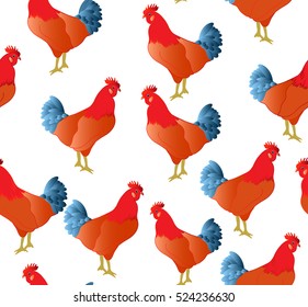 Decorative handwritten vector seamless pattern with colorful roosters, symbol of 2017 year