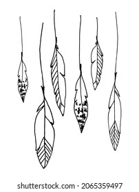 Decorative hanging feathers hand drawn vector doodles