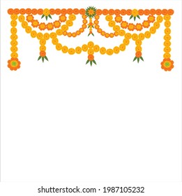 Decorative hanging floral design with marigold flowers on white background