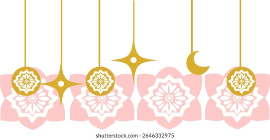  Decorative hanging Islamic ornaments featuring pink mandala flowers, crescent moons, and golden stars, ideal for Eid Mubarak or Ramadan themes.