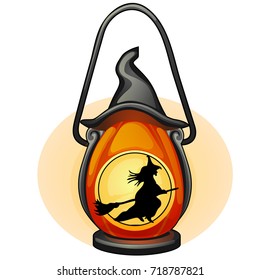 Decorative hanging lamp with the image of a silhouette of a witch flying on a broom. Element of interior design on theme of Halloween isolated on white background. Vector cartoon close-up illustration