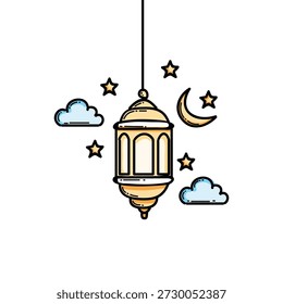 Eine dekorative Hängelaterne leuchtet sanft in einer Nachthimmelszene, umgeben von Sternen, einem Halbmond und flauschigen Wolken. Ramadan Theme Warmes Licht schafft eine gemütliche, ruhige Atmosphäre geeignet für Feiern oder Home-Dekor.