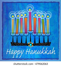 Decorative Hanukkah Greetings - Stylized menorah with colorful candles and Happy Hanukkah text on blue abstract background. Eps10