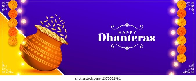 decorative happy dhanteras celebration wallpaper for worship and blessing vector. Translation: Happy Dhanteras, dhan means wealth teras means thirteen