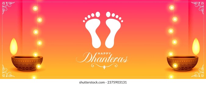 decorative happy dhanteras event wallpaper celebrate festival in style vector. Translation: Happy Dhanteras, dhan means wealth teras means thirteen