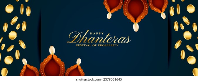 decorative happy dhanteras festival poster for worship and joy vector. Translation: Happy Dhanteras, dhan means wealth teras means thirteen