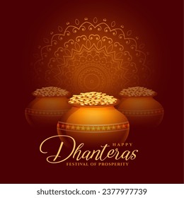 decorative happy dhanteras religious background pray for wealth and prosperity vector. Translation: Happy Dhanteras, dhan means wealth teras means thirteen