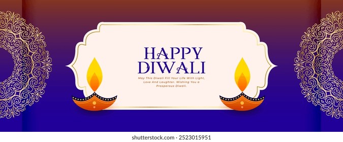 decorative happy diwali wishes purple banner with artistic diya design vector