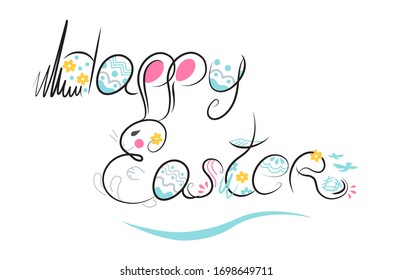 Decorative Happy Easter composition hand drawn black font on white background. Funny doodle from bunny, eggs, flowers, leaves. Vector Illustration greeting card, promotion, poster, flyer, site cover.