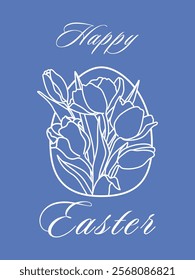 Decorative Happy Easter Day greeting card, poster, invitation with linear spring tulips. Modern design style.