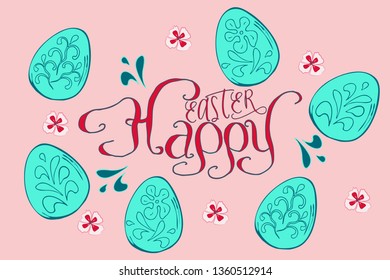 Decorative Happy Easter greeting card on a pink background with spring flowers and Easter eggs.