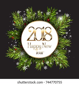 Dekorative Happy New Year Hintergrund mit Schneeflocken und Tannenbranden