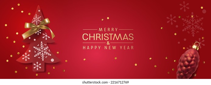 Decorative Happy new year and Christmas vector background. Holiday season greeting card. 3d realistic decoration and symbols