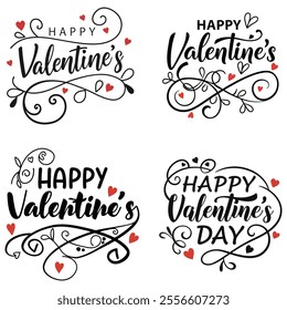 Decorative 'Happy Valentine's Day' text design in bold cursive font on a white background, accented with red heart shapes. Perfect for romantic designs, greeting cards, and festive Valentine's Day pro