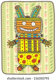 Decorative hare in folk style on a light green background with carrots.
