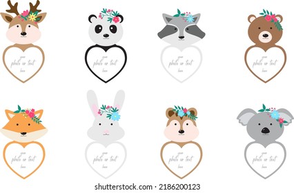 Decorative head animal vector template frames. Deer, panda, raccoon, bear, fox, hare, chipmunk, koala.
